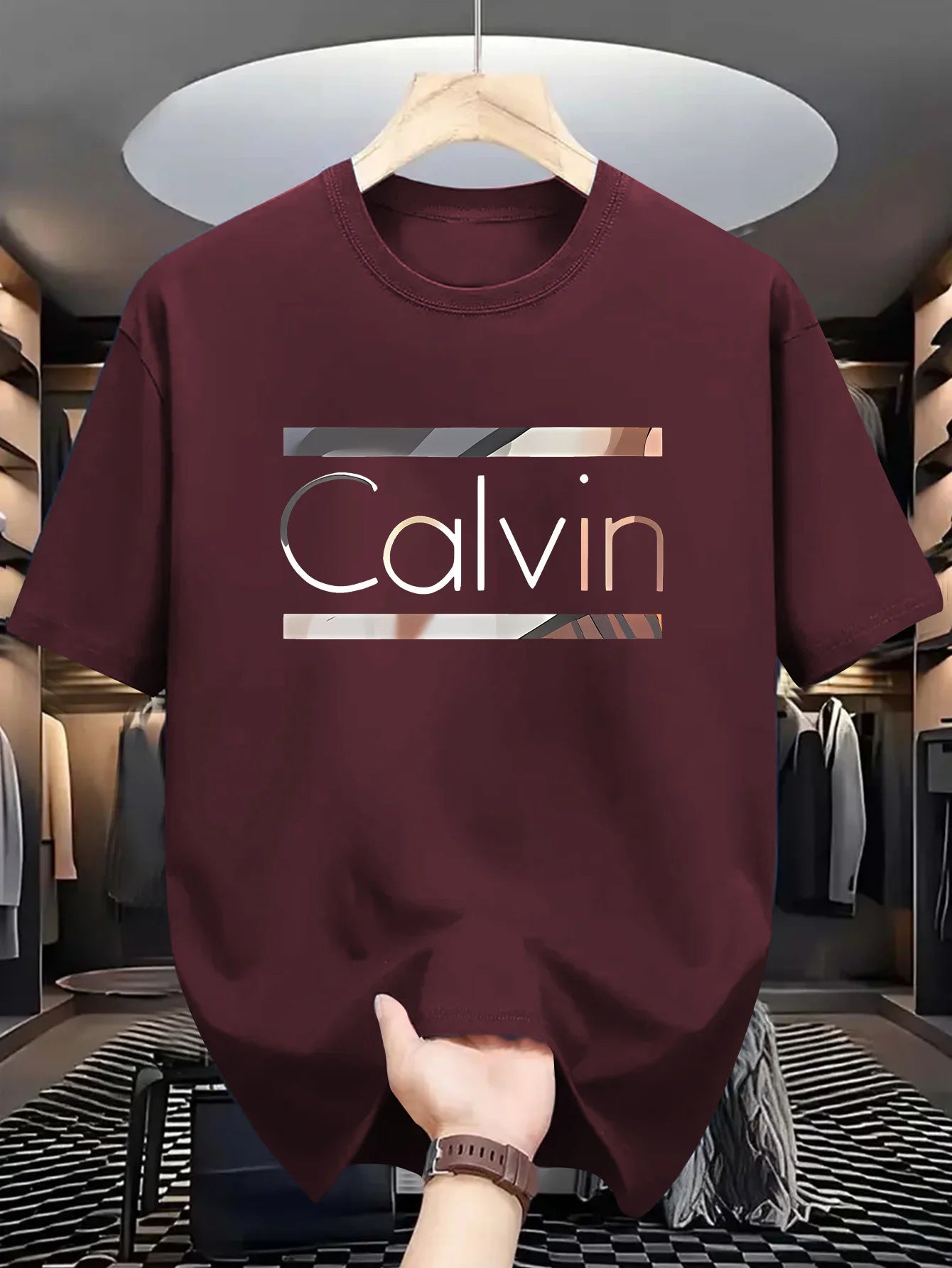 Men's casual sports CALVIN Letter Print Polyester Fabric T-Shirt