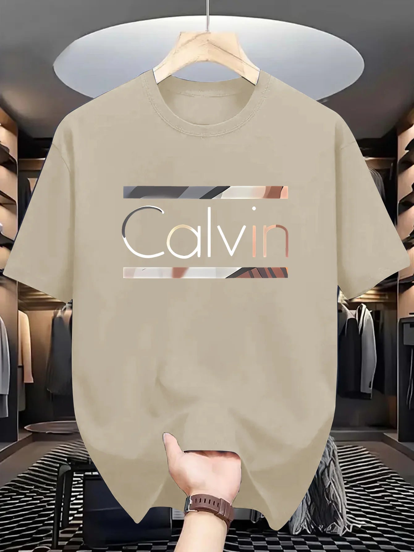 Men's casual sports CALVIN Letter Print Polyester Fabric T-Shirt