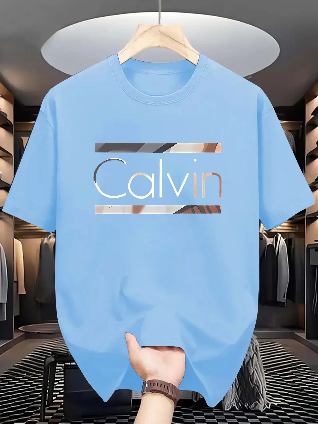 Men's casual sports CALVIN Letter Print Polyester Fabric T-Shirt