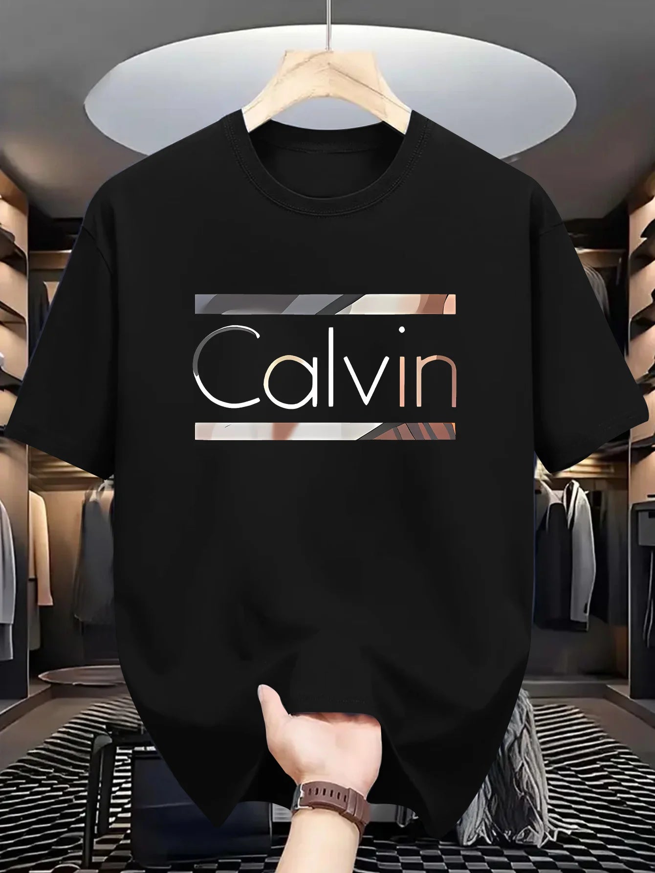 Men's casual sports CALVIN Letter Print Polyester Fabric T-Shirt