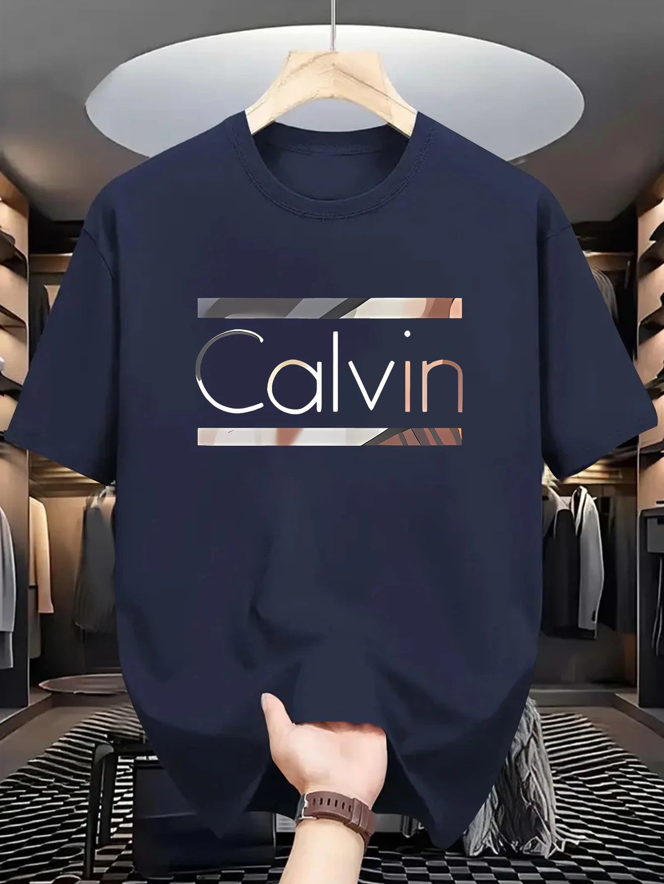 Men's casual sports CALVIN Letter Print Polyester Fabric T-Shirt