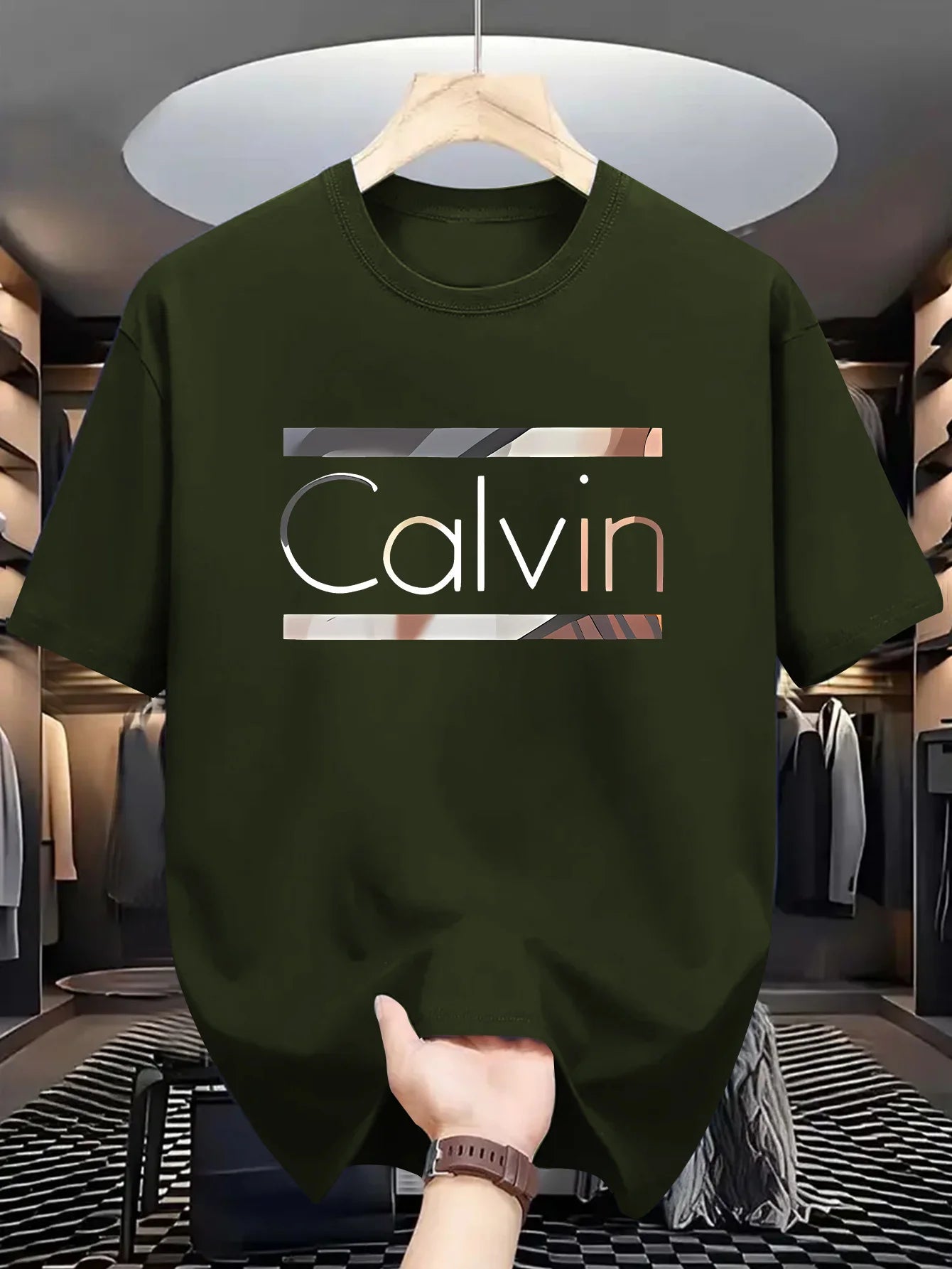 Men's casual sports CALVIN Letter Print Polyester Fabric T-Shirt