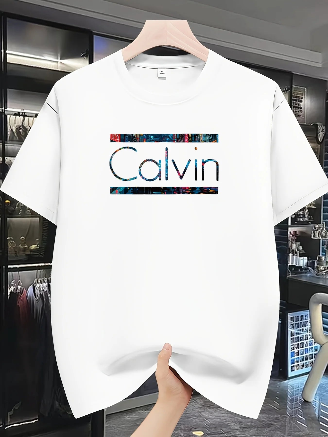 Men's casual sports CALVIN Letter Print Polyester Fabric T-Shirt